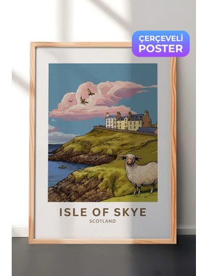 Zestia Ahşap Çerçeveli  Duvar Tablosu Isle Of Skye Iskoçya Sahil Köyü Illüstrasyonu Salon Dekoru