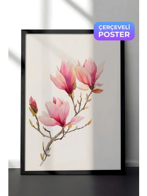Zestia Siyah Çerçeveli Duvar Tablosu Pembe Manolya Dalları Minimal Botanik Çiçek Çizimi Yatak Odası Dekoru