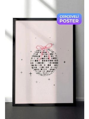 Zestia Siyah Çerçeveli Duvar Tablosu Pembe Fiyonklu Disko Topu Retro Pop Sanat Illüstrasyonu Salon Dekoru