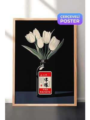Zestia Ahşap Çerçeveli Duvar Tablosu Siyah Zemin Vazoda Beyaz Laleler Minimal Sanat Yatak Odası Dekoru