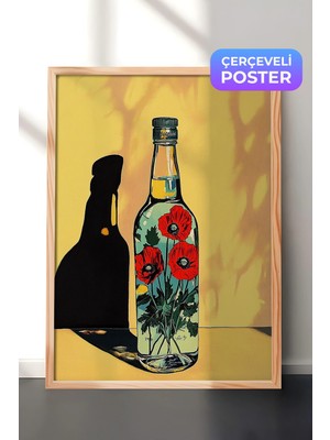 Zestia Ahşap Çerçeveli Duvar Tablosu Sarı Işıkta Çiçekli Cam Şişe Sanatsal Natürmort Salon Dekoru