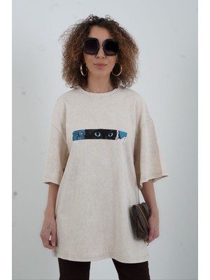 Zelish My Sister Taş Kedi Göz Baskılı Soluk Efektli Oversize Tshirt