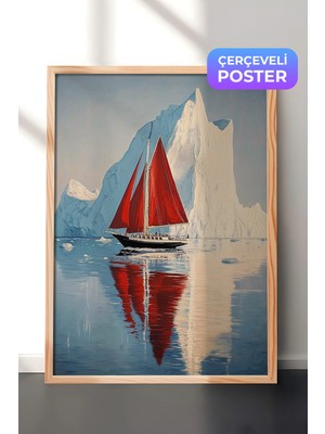 Zestia Ahşap Çerçeveli Duvar Tablosu Buz Dağları Arasında Kırmızı Yelkenli Tekne Manzarası Salon Dekoru