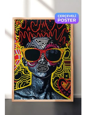 Zestia Ahşap Çerçeveli Duvar Tablosu Renkli Desenlerle Pop Art Kedi Figürü Salon Dekoru