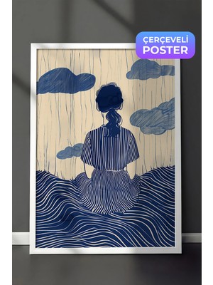 Zestia Beyaz Çerçeveli Duvar Tablosu Dalgalar Üzerinde Oturan Kadın Figürü Minimal Yatak Odası Dekoru