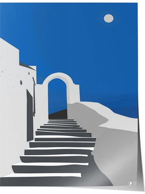 Zestia Premium Poster Akdeniz Merdivenleri ve Beyaz Mimari Minimal Kompozisyon Salon Dekoru