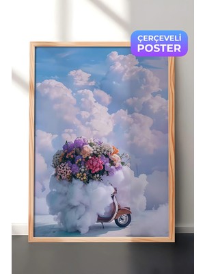 Zestia Ahşap Çerçeveli Duvar Tablosu Bulutlar Üzerinde Çiçek Yüklü Scooter Sürreal Sahne Salon Dekoru