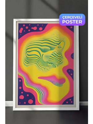 Zestia Beyaz Çerçeveli Duvar Tablosu Neon Renklerde Soyut Yüz Formu Psikedelik Sanat Salon Dekoru