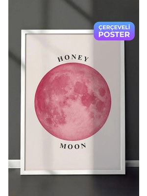Zestia Beyaz Çerçeveli Duvar Tablosu Pembe Dolunay Honey Moon Minimal Gökyüzü Yatak Odası Dekoru