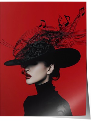 Zestia Premium Poster Kırmızı Zeminde Siyah Şapkalı Kadın Moda Portresi Salon Dekoru