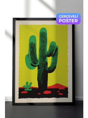 Zestia Siyah Çerçeveli Duvar Tablosu Canlı Yeşil Kaktüs Grafik Botanik Poster Salon Dekoru