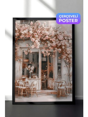 Zestia Siyah Çerçeveli Duvar Tablosu Çiçeklerle Sarılı Romantik Paris Kafe Sokak Manzarası Salon Dekoru