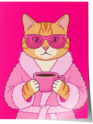 Zestia Poster Pembe Glam Kedi Kahve Ritüeli Salon Dekoru