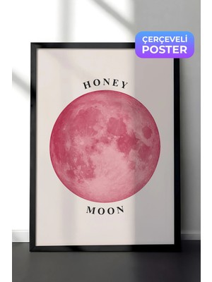 Zestia Siyah Çerçeveli Duvar Tablosu Pembe Dolunay Honey Moon Minimal Gökyüzü Yatak Odası Dekoru