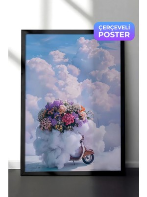 Zestia Siyah Çerçeveli Duvar Tablosu Bulutlar Üzerinde Çiçek Yüklü Scooter Sürreal Sahne Salon Dekoru