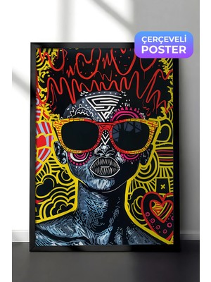 Zestia Siyah Çerçeveli Duvar Tablosu Renkli Desenlerle Pop Art Kedi Figürü Salon Dekoru