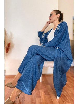 Cardella Este Tül Çiçek Aplikeli Oversize Kimono Pantolon Takım Rahat Kesim