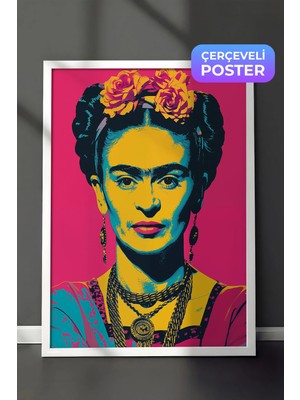 Zestia Beyaz Çerçeveli Duvar Tablosu Frida Kahlo Pop Art Renkli Portre Yorumu Salon Dekoru