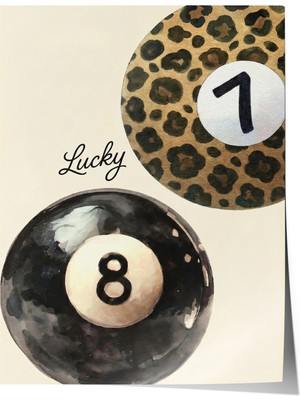 Zestia Poster Lucky Yazılı Leopar Desenli Bilardo Topu Sulu Boya Salon Dekoru