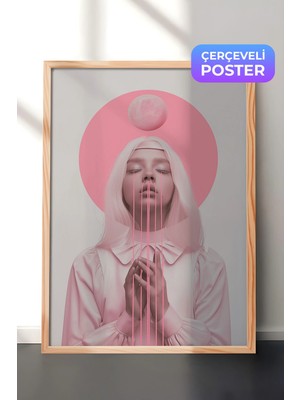 Zestia Ahşap Çerçeveli Duvar Tablosu Pembe Tonlarda Dua Eden Kadın Minimal Sanat Salon Dekoru