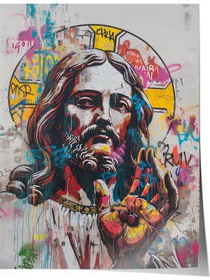 Zestia Premium Poster Graffiti Dokunuşlu Sanatsal Isa Portresi Salon Dekoru