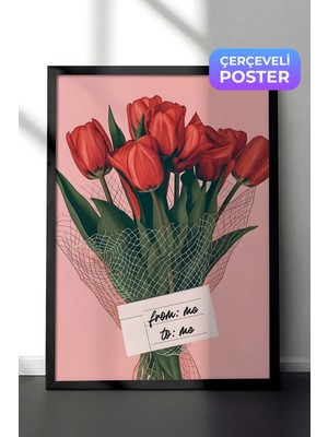 Zestia Siyah Çerçeveli Duvar Tablosu Pembe Arka Planlı Kırmızı Lale Buketi Modern Sanat Salon Dekoru