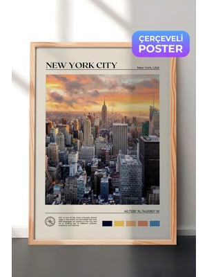 Zestia Ahşap Çerçeveli  Duvar Tablosu New York City Şehir Manzarası Salon Dekoru