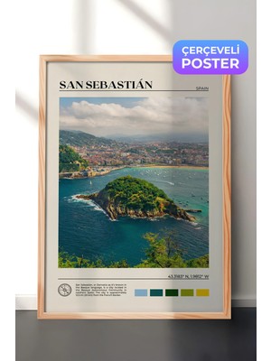 Zestia Ahşap Çerçeveli  Duvar Tablosu San Sebastian Körfezi ve Ada Manzarası Ispanya Salon Dekoru