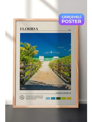 Zestia Ahşap Çerçeveli  Duvar Tablosu Florida Plaj Yolu Şehir Manzarası Salon Dekoru