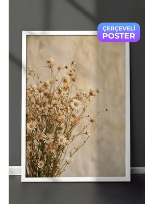 Zestia Beyaz Çerçeveli  Duvar Tablosu Kuru Papatyaların Sıcak Nostaljisi Nötr Ton Fotoğraf Salon Dekoru