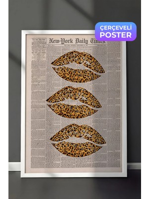 Zestia Beyaz Çerçeveli  Duvar Tablosu Leopar Desenli Dudaklar Pop Art Genç Odası Dekoru