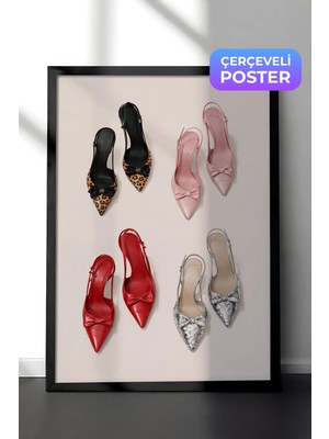 Zestia Siyah Çerçeveli  Duvar Tablosu Leopar Pembe Kırmızı ve Simli Moda Sanatı Salon Dekoru