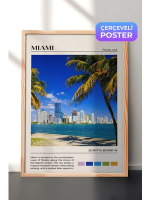 Zestia Ahşap Çerçeveli  Duvar Tablosu Miami Palmiye Sahili Şehir Manzarası Salon Dekoru
