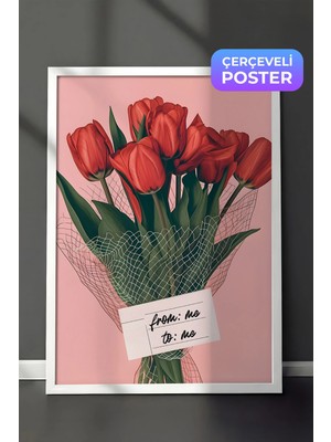 Zestia Beyaz Çerçeveli Duvar Tablosu Pembe Arka Planlı Kırmızı Lale Buketi Modern Sanat Salon Dekoru