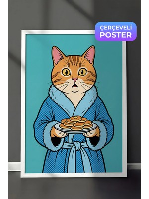 Zestia Beyaz Çerçeveli  Duvar Tablosu Mavi Bornozlu Kedi ve Pankek Ritüeli Pop Art Salon Dekoru