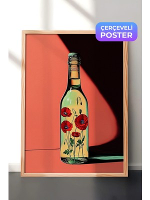 Zestia Ahşap Çerçeveli Duvar Tablosu Çiçekli Cam Şişe Minimal Modern Natürmort Çalışması Salon Dekoru