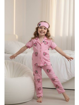 Pijakids - Serenad Pjkö Labubu Desenli Pembe Kısa Kollu Önden Düğmeli Kız Çocuk Pijama Takımı 4-12 Yaş 527K