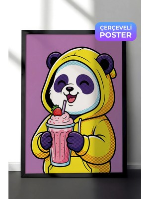 Zestia Siyah Çerçeveli  Duvar Tablosu Sarı Kapüşonlu Panda Çilekli Milkshake Neşesi Çocuk Odası Dekoru