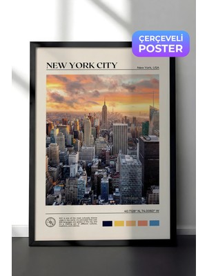 Zestia Siyah Çerçeveli  Duvar Tablosu New York City Şehir Manzarası Salon Dekoru
