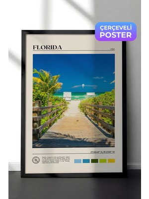 Zestia Siyah Çerçeveli  Duvar Tablosu Florida Plaj Yolu Şehir Manzarası Salon Dekoru