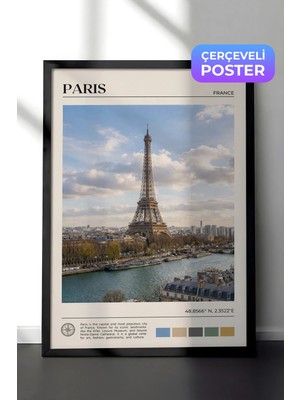 Zestia Siyah Çerçeveli  Duvar Tablosu Paris Eyfel Kulesi Seine Nehri Şehir Manzarası Salon Dekoru