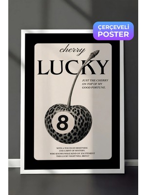 Zestia Beyaz Çerçeveli  Duvar Tablosu Lucky Kiraz Leopar Desen Retro Salon Dekoru