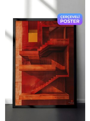 Zestia Siyah Çerçeveli Duvar Tablosu Geometrik Formlarla Kırmızı Tonlu Mimari Soyutlama Salon Dekoru