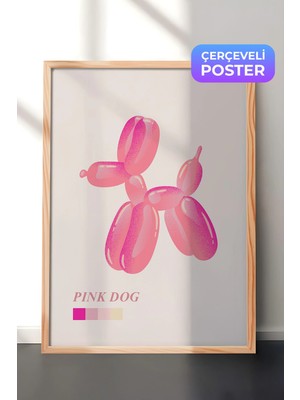 Zestia Ahşap Çerçeveli Duvar Tablosu Pembe Balon Köpek Figürü Modern Pop Art Illüstrasyonu Salon Dekoru