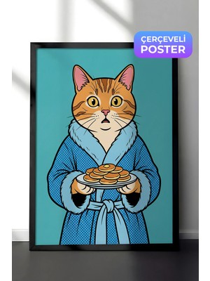 Zestia Siyah Çerçeveli  Duvar Tablosu Mavi Bornozlu Kedi ve Pankek Ritüeli Pop Art Salon Dekoru