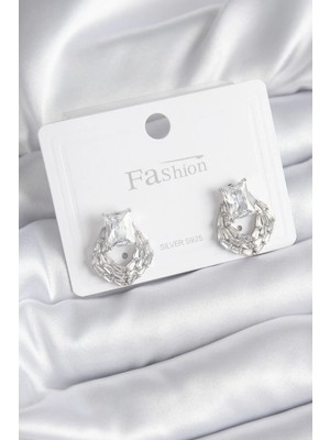 İlk El Grup Ietaks™ Pirinç Gümüş Renk Zirkon Taşlı Kadın Küpe