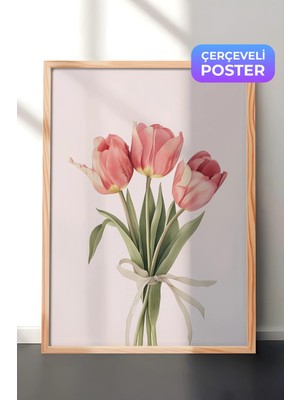 Zestia Ahşap Çerçeveli Duvar Tablosu Zarif Pembe Laleler Botanik Suluboya Çiçek Yatak Odası Dekoru