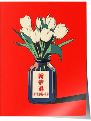 Zestia Premium Poster Kırmızı Zeminli Vazoda Beyaz Laleler Cesur Sanat Salon Dekoru