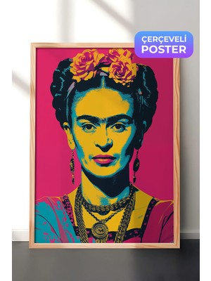 Zestia Ahşap Çerçeveli Duvar Tablosu Frida Kahlo Pop Art Renkli Portre Yorumu Salon Dekoru