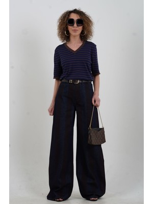 Zelish My Sister Kahve Lacivert Çizgili Denim Pantolon